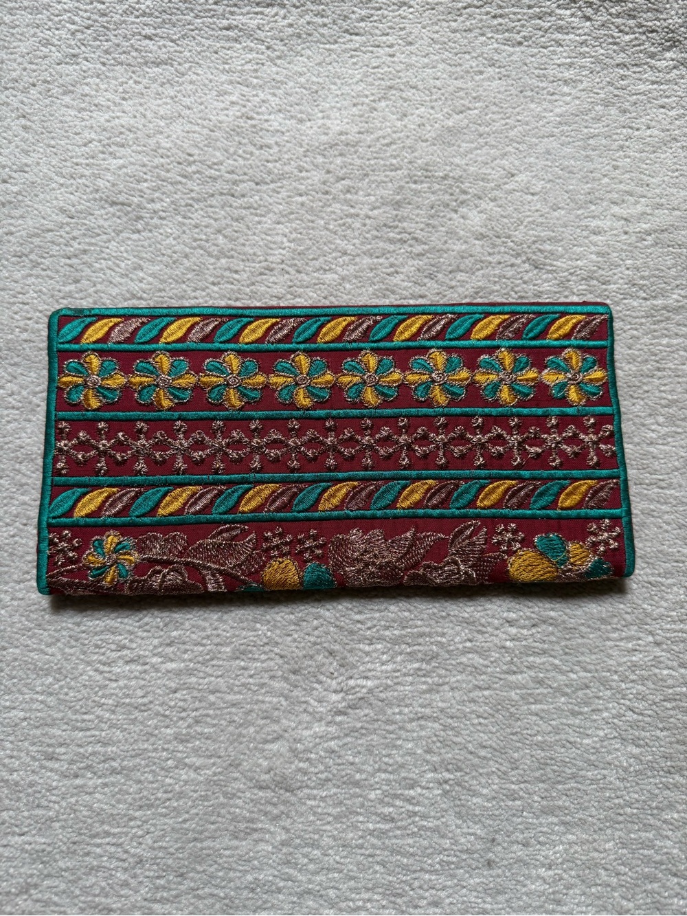 Embroidered Floral Long Wallet - Teal & Burgundy